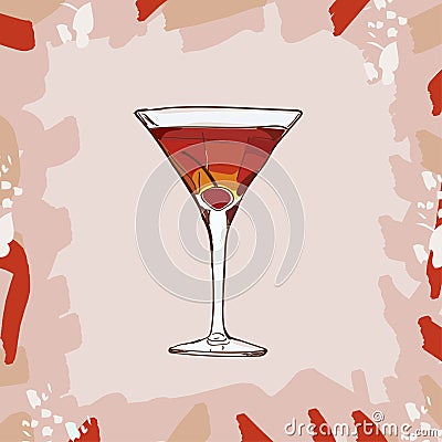 Rob Roy cocktail with cherry garnish illustration. Alcoholic classic bar drink hand drawn vector. Pop art Cartoon Illustration