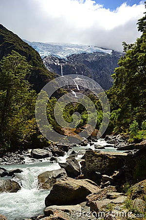 Rob Roy glacier detail, waterfall coming from the ice Stock Photo