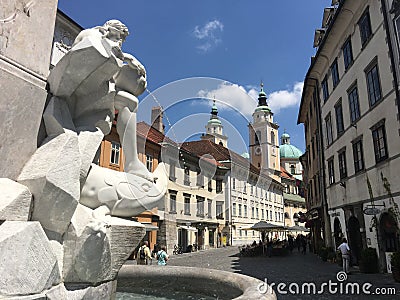 The Robba Fountain and the Ljubljana Cathedral Editorial Stock Photo