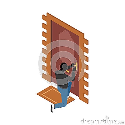 Robber Breaking Door Composition Vector Illustration