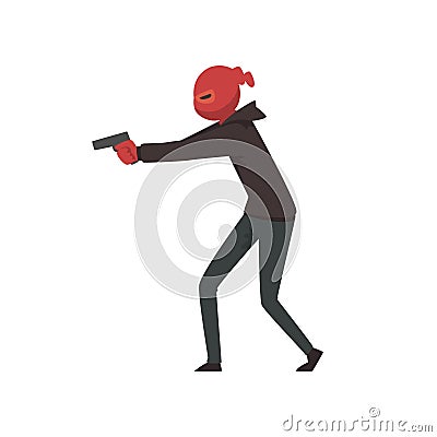 Robber or Burglar Dressed in Black Clothes and Mask Standing with Gun Vector Illustration Vector Illustration