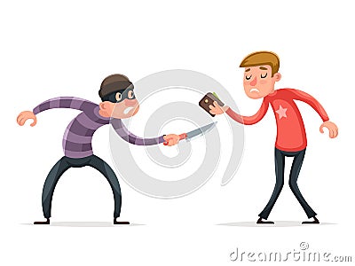 Robber Burglar Thief Robbery Steal Purse from Helpless Scared Guy Character Icon Cartoon Design Template Vector Vector Illustration