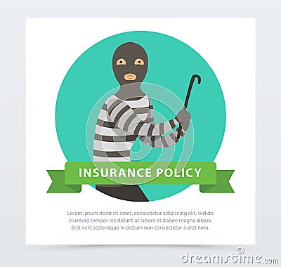 Robber in mask with crowbar, property protection insurance policy banner flat vector element for website or mobile app Vector Illustration