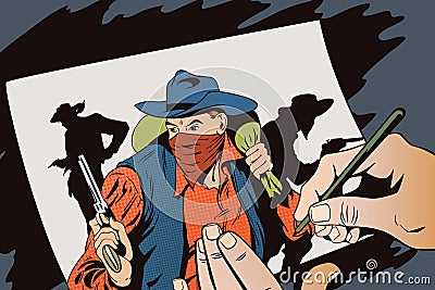 Robber running away with money. Cowboys wild west. Vector Illustration