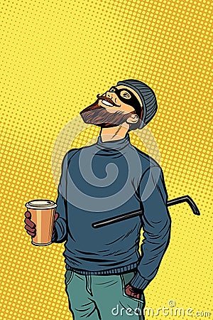 Robber thief hacker drinks coffee and looks up Vector Illustration