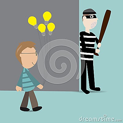 The robber waiting at the corner to stolen the idea from the man Vector Illustration