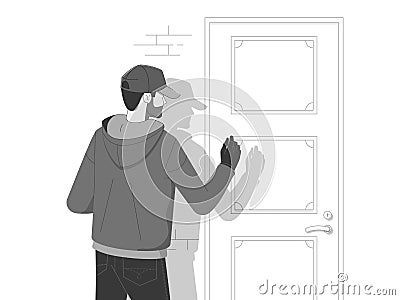 Robbery burglar Wearing a mask dress and a black shirt creeping in the dead of night to break the house.Flat vector Vector Illustration