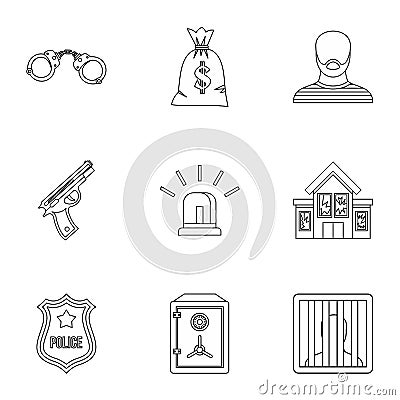 Robbery icons set, outline style Vector Illustration