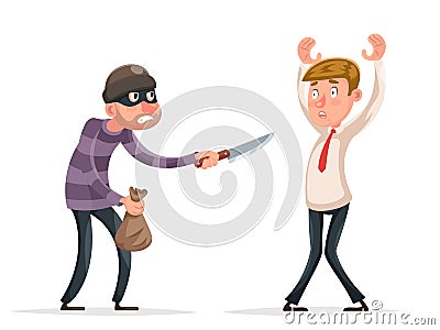 Robbery thief robber burglar steal money bag helpless scared businessman guy man character isolated Icon cartoon design Vector Illustration