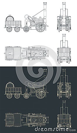 Robert Stephenson`s steam locomotive blueprints Vector Illustration