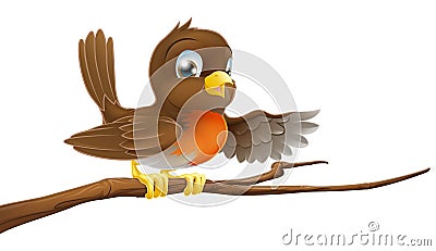Robin bird on branch pointing Vector Illustration