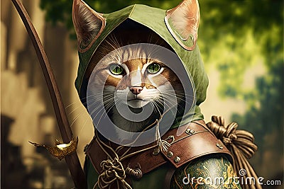 Robin hood archer cat illustration generative ai Cartoon Illustration