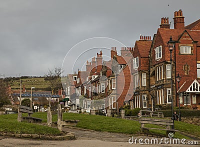 Robin Hood`s Bay - the village and red brick houses. Stock Photo