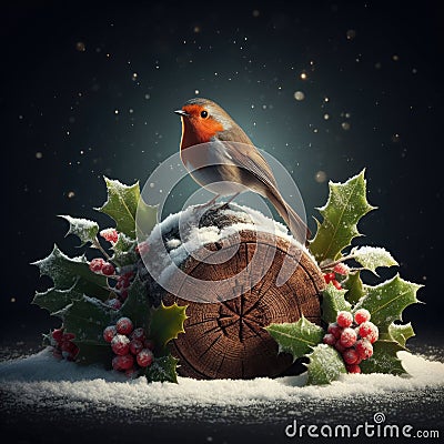 Robin Red-breast sitting on yule log at Christmas Stock Photo