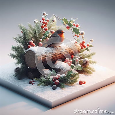 Robin Red-breast sitting on yule log at Christmas Stock Photo