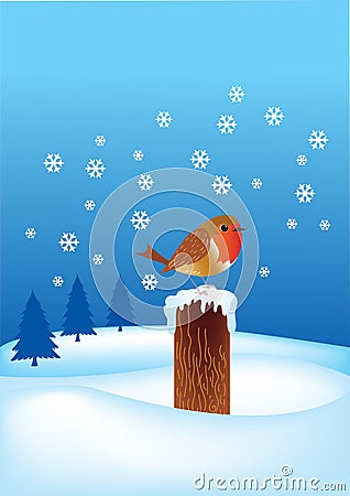 Robin redbreast perched on a post in the snow Stock Photo