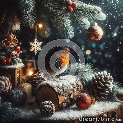 Robin sits on yule log in festive scene for Christmas Stock Photo