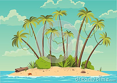 Robinson crusoe island. Desert island in ocean and palm coconut trees. Tropical paradise landscape, sandy beach flat Vector Illustration