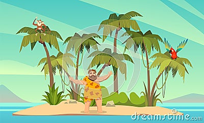 Robinson Crusoe. Man on desert island and palm trees with parrot and monkey, tropical paradise landscape, sandy beach Vector Illustration
