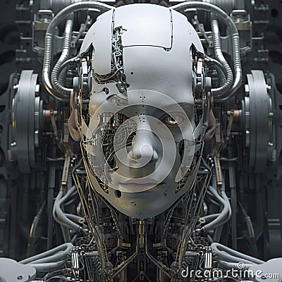Robo Girl Head in Robot Factory Stock Photo