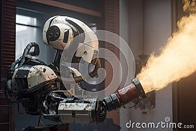 robot in action with fire on the background of a modern building, An AI robot fireman equipped with a fire fighting water pipe, AI Stock Photo