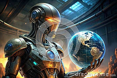 Robot age. New generation robots. Robot holding a world globe. Stock Photo