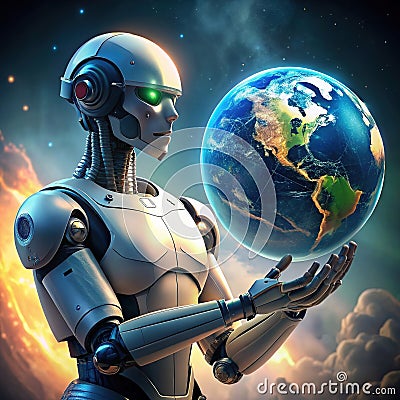 Robot age. New generation robots. Robot holding a world globe. Stock Photo