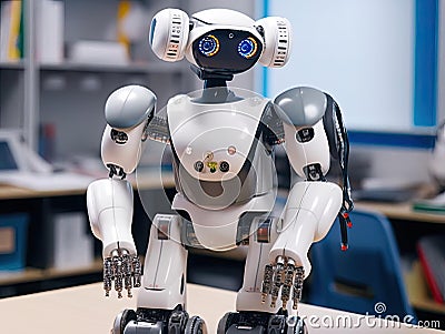 Robot AI assists teacher in interactive classroom Stock Photo