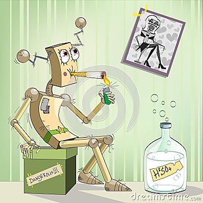 Robot-alcoholic Cartoon Illustration