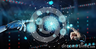 Robot analyzing bacteria with digital holographic projection close-up 3D rendering Stock Photo