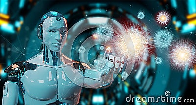 Robot analyzing bacteria with digital holographic projection close-up 3D rendering Stock Photo