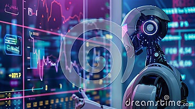 Robot analyzing data on a futuristic digital screen with financial charts. High-tech AI in finance and data analysis Stock Photo