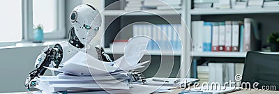 Robot analyzing documents at a cluttered desk in an office. AI-driven data processing and paperwork management in a Stock Photo