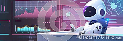 Robot analyzing financial data on futuristic screens with charts and graphs. High-tech AI in finance and data analysis Stock Photo