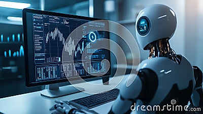 Robot analyzing financial data on multiple screens in a futuristic setting Cartoon Illustration