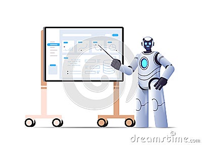 robot analyzing statistics financial data robotic character making presentation on bord artificial intelligence Vector Illustration