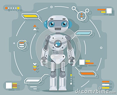 Robot android artificial intelligence futuristic information interface flat design vector illustration Vector Illustration