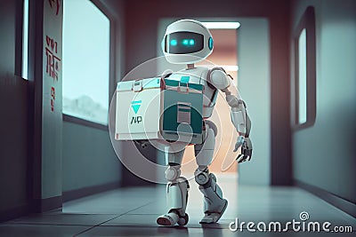 robot android courier delivering medical supplies to hospital Stock Photo