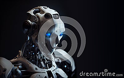 Robot android man with blue eyes and blue lights Stock Photo