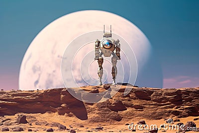 Robot android on Mars planet for collecting samples and establishing a base for human colonization. AI generated Stock Photo