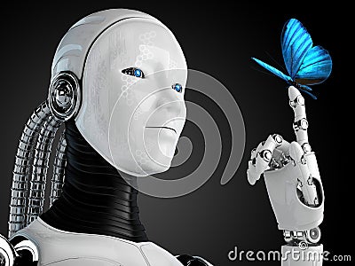 Robot android woman with butterfly Stock Photo
