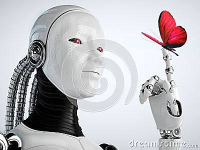 Robot android woman with butterfly Stock Photo