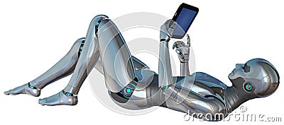 Robot Android Woman Tablet Isolated Cartoon Illustration