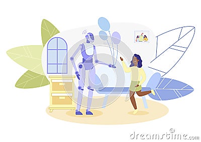 Robot Android, Working as Animator at Holidays Vector Illustration