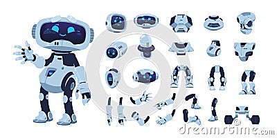 Robot animation set. Cartoon android character with artificial intelligence, various heads legs arms and body. Vector cute Stock Photo