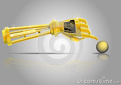 Robot arm . The robot`s Golden hand reaches for the yellow ball. Stock Photo