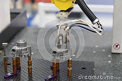 Robot arm auto load and unload CNC turning part Stock Photo