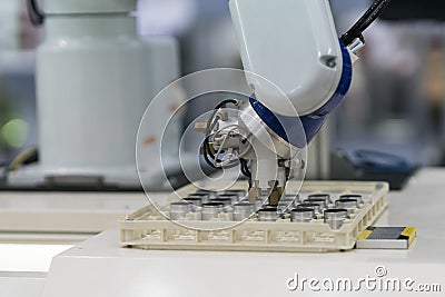 Robot arm auto load and unload CNC turning part Stock Photo