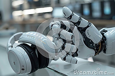 Robot arm holding a lithium battery in a modern technology setting Stock Photo