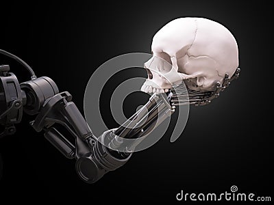 Robot arm with a human skull Stock Photo